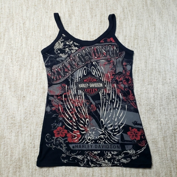 Harley-Davidson Tops - Harley Davidson black red grey floral tank top w/ angel wings from Spitzie's H-D